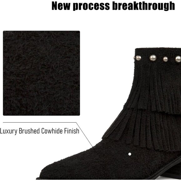 ⚡Women's Black Suede Pointed Toe Elastic Short Boot Block Chunky Heel Ankle Boot - Picture 5 of 6